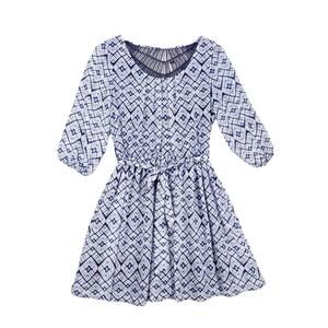 A. BYER Blue Ikat Boho Print Crochet Back Sheer Blouson Mini Dress Puff Sleeve M